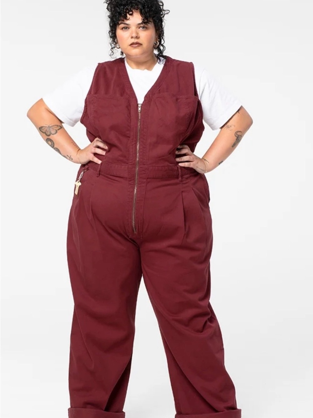 Sük Workwear from Aus Plus-Size Zip-Front Utility Jumpsuit in Burgundy